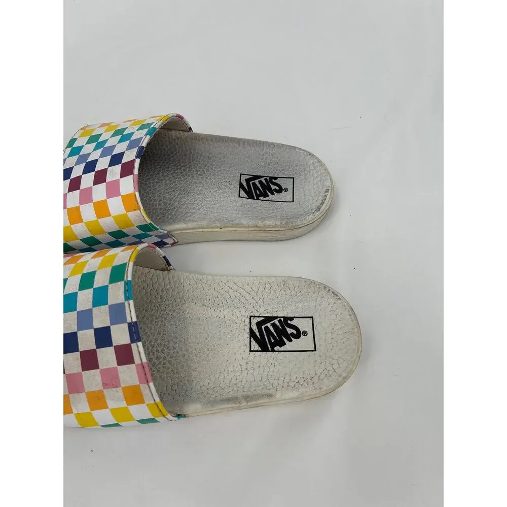 Vans Rainbow Checkered White Slides Sandals Play Condition 3.0 youth
